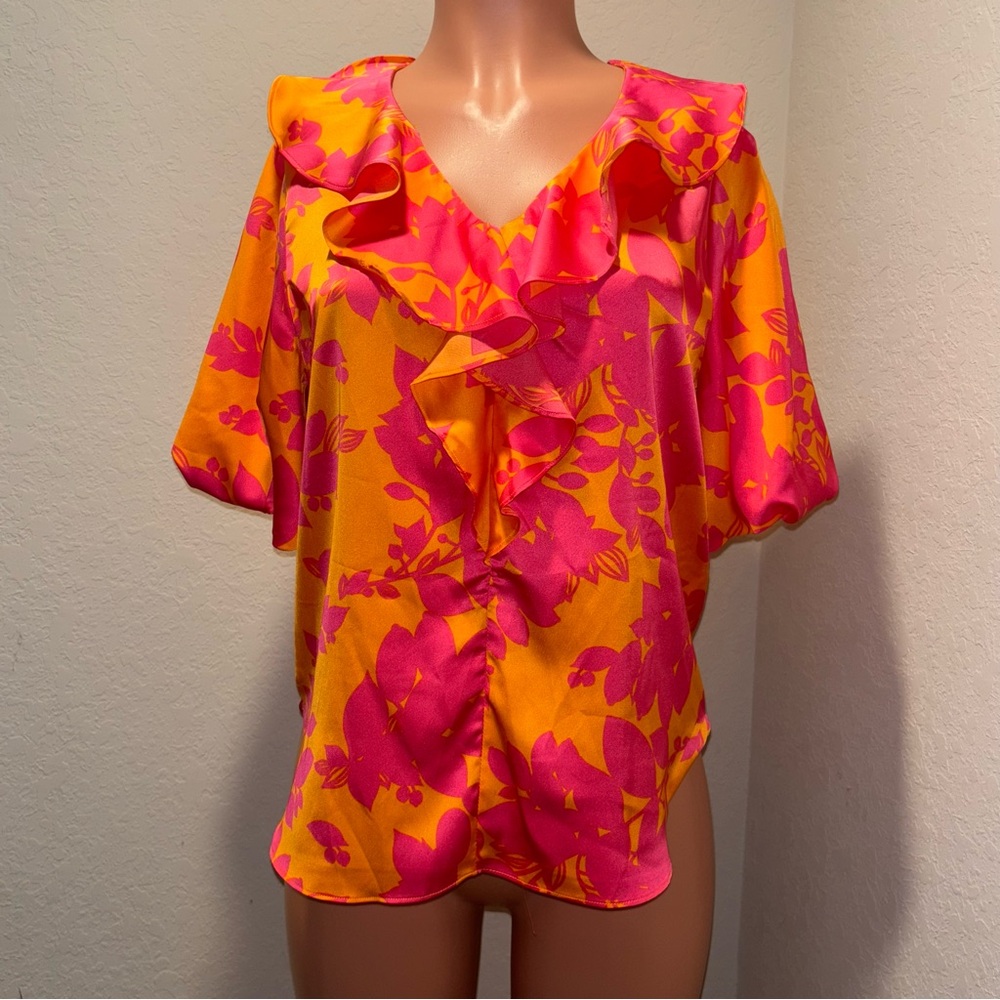 Melloday Summer time Orange and Hot Pink Ruffle Floral blouse